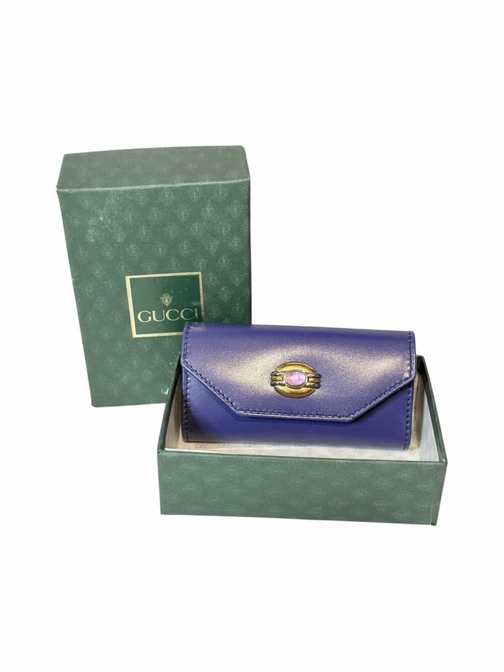 Gucci Vintage 4-Hook Key Holder Purple Leather Amethyst Stone w/ Box